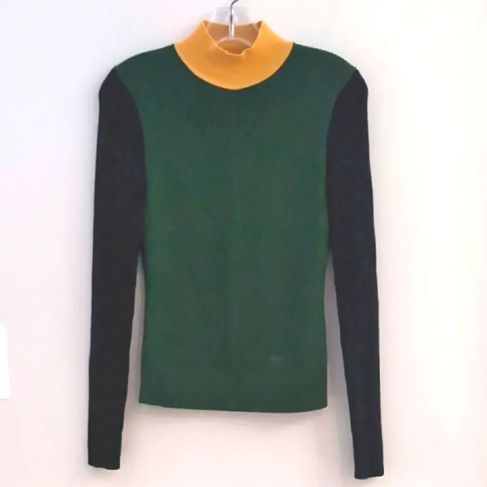 Tory Burch Colorblock Mock Turtleneck Sweater - Green Blue Yellow Sz XS